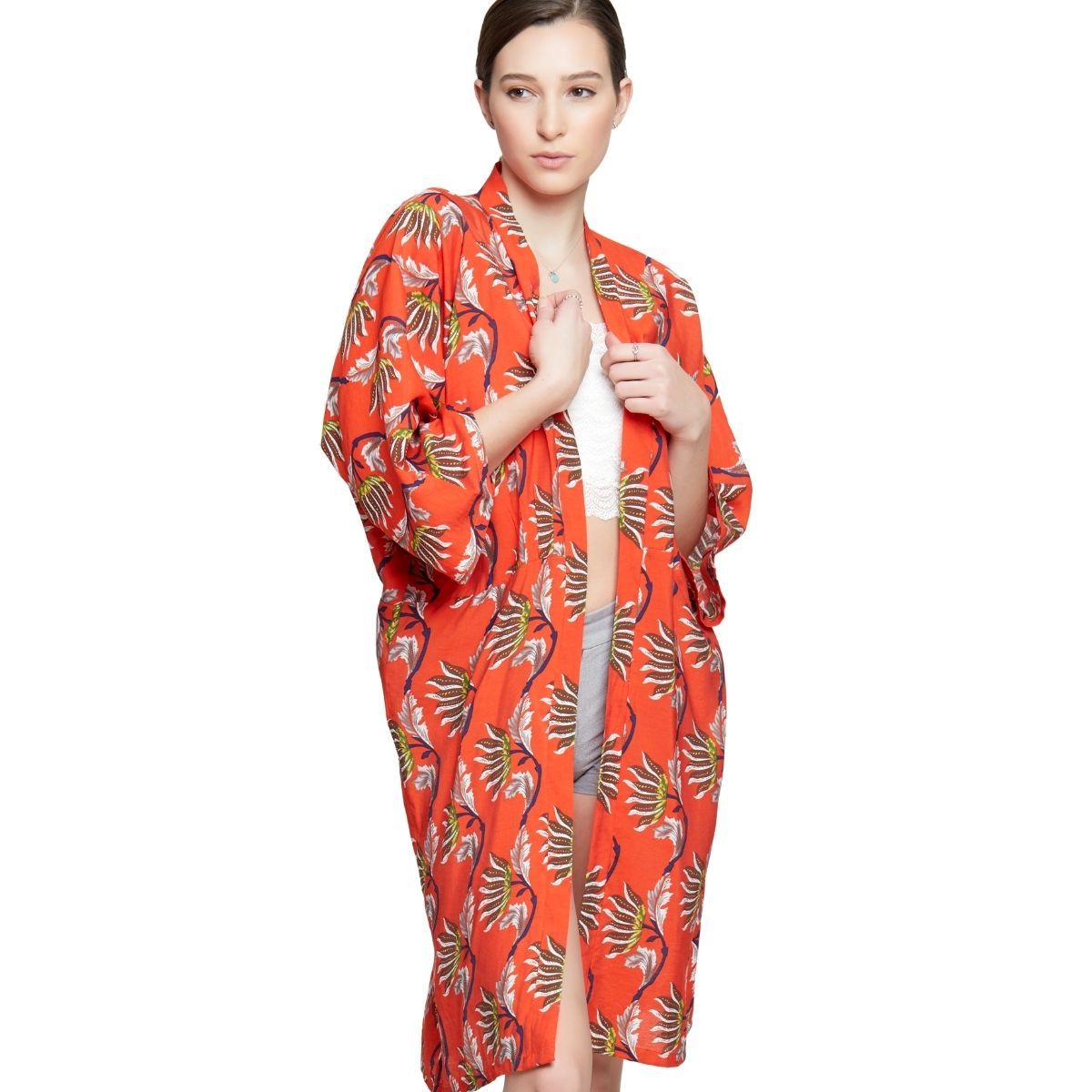 Orange Oriental Flower Long Kimono|39.3 x 54.3 inches - Premium Wholesale Boutique Clothing from Pinktown - Just $32! Shop now at chiquestyles