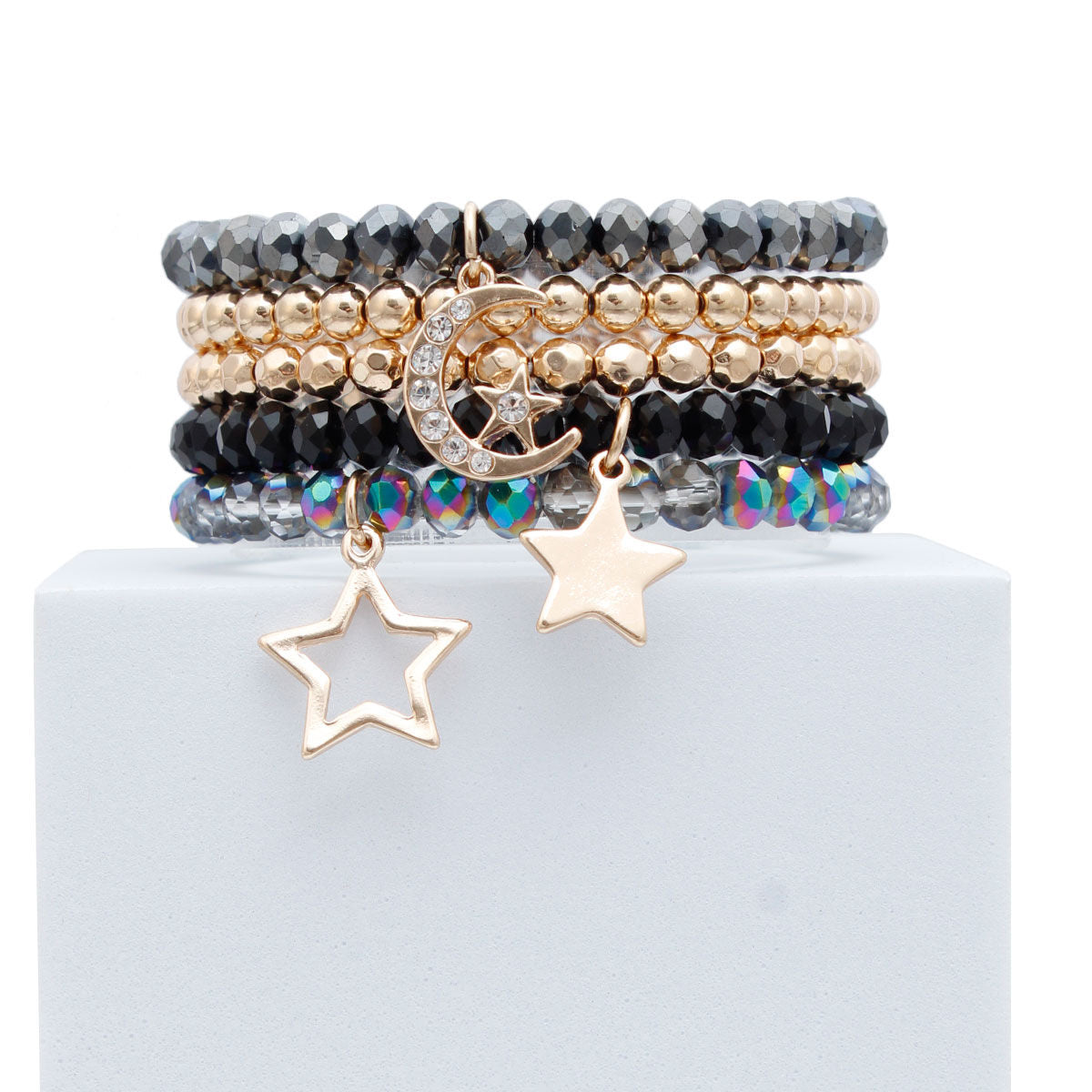 Black and Gold Glass Star Bracelets|Stretch to Fit - Premium Wholesale Jewelry from Pinktown - Just $13! Shop now at chiquestyles