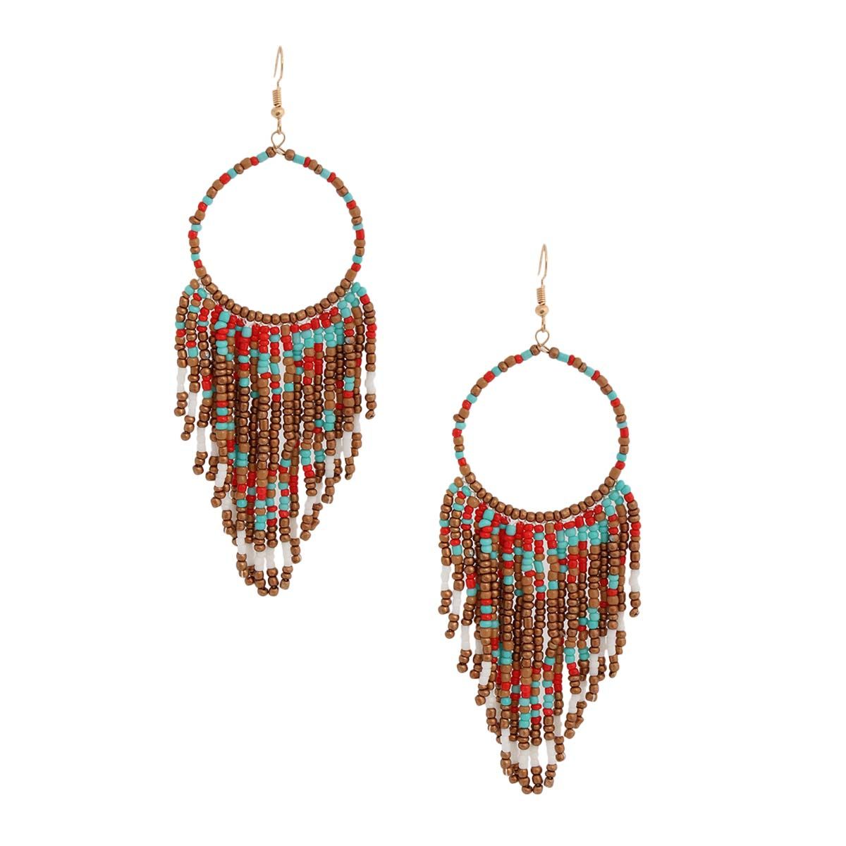 Multi and Gold Bead Fringe Circle Earrings|4.5 inches - Premium Wholesale Jewelry from Pinktown - Just $15! Shop now at chiquestyles