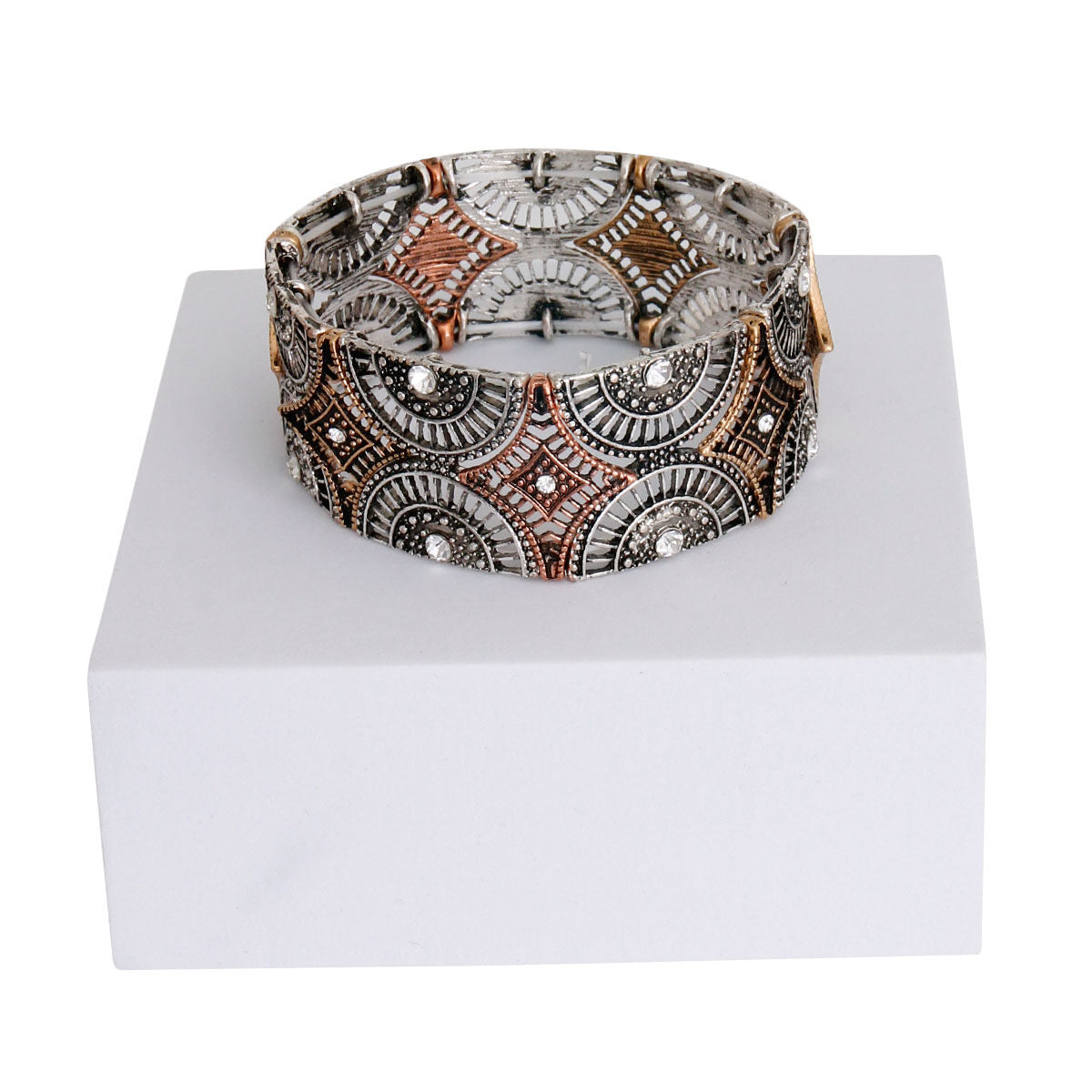 Mixed Metal Round Filigree Bracelet|Stretch to Fit - Premium Wholesale Jewelry from Pinktown - Just $12! Shop now at chiquestyles