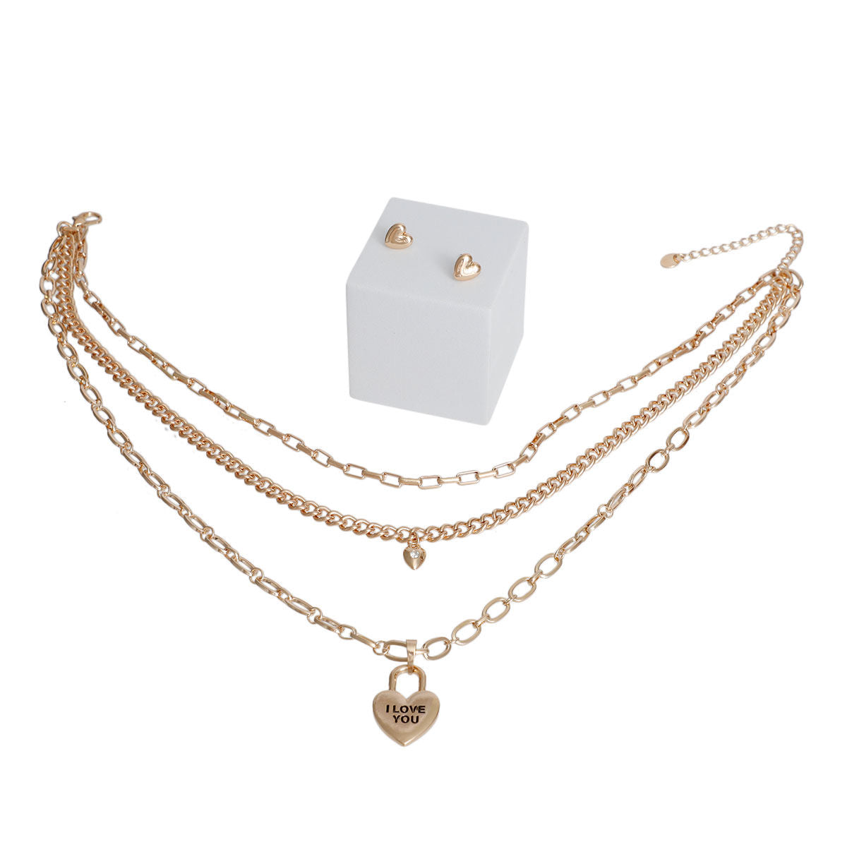 Gold 3 Layer Chain Locked Heart Necklace|16 inches - Premium Wholesale Jewelry from Pinktown - Just $12! Shop now at chiquestyles