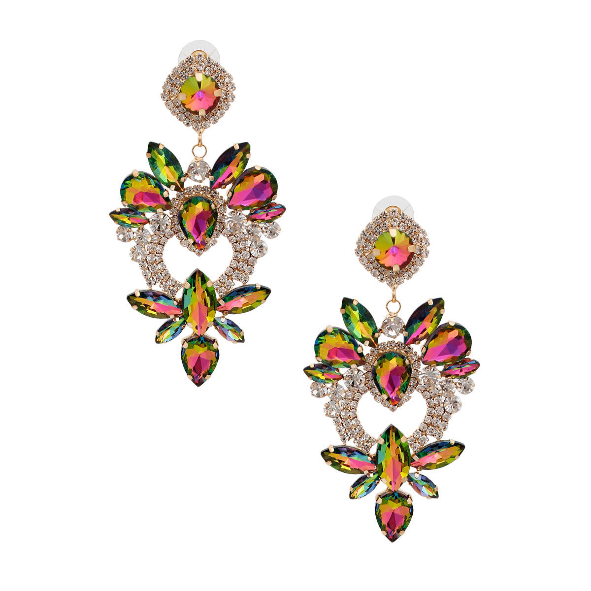 Pink Green Glass Crystal Heart Earrings|3.5 inches - Premium Wholesale Jewelry from Pinktown - Just $19! Shop now at chiquestyles