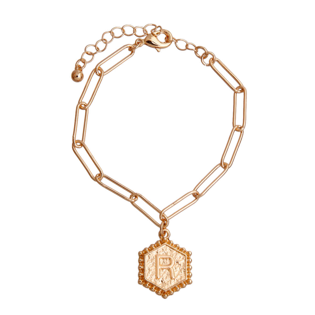 R Hexagon Initial Charm Bracelet|8 inches - Premium Wholesale Jewelry from Pinktown - Just $8! Shop now at chiquestyles
