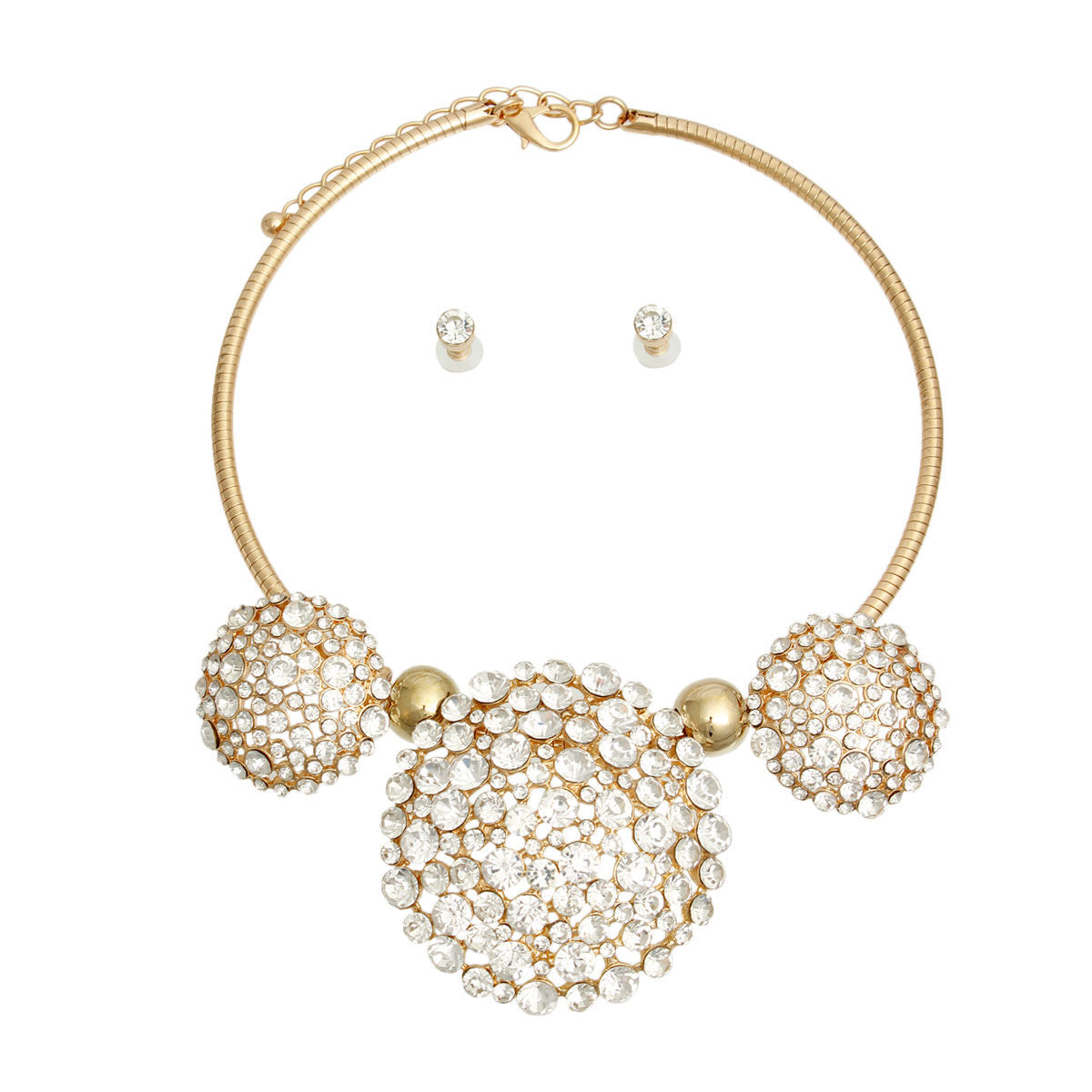 Gold Triple Rhinestone Dome Cluster Collar|18 inches - Premium Wholesale Jewelry from Pinktown - Just $29! Shop now at chiquestyles