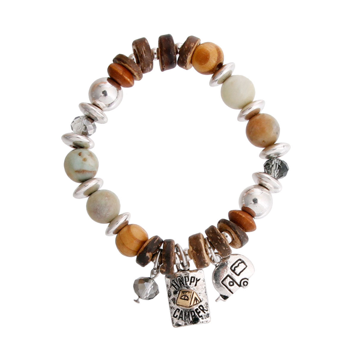 Wooden Mixed Bead Happy Camper Bracelet|Stretch to Fit - Premium Wholesale Jewelry from Pinktown - Just $10! Shop now at chiquestyles