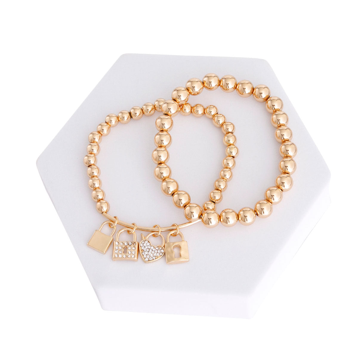 Gold Bead 2 Pcs Love Lock Bracelets|Stretch to Fit - Premium Wholesale Jewelry from Pinktown - Just $11! Shop now at chiquestyles