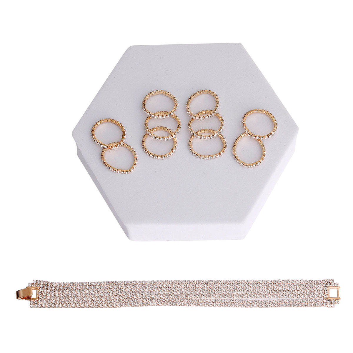 Gold Rhinestone Ring and Bracelet Set|Stretch to Fit - Premium Wholesale Jewelry from Pinktown - Just $15! Shop now at chiquestyles