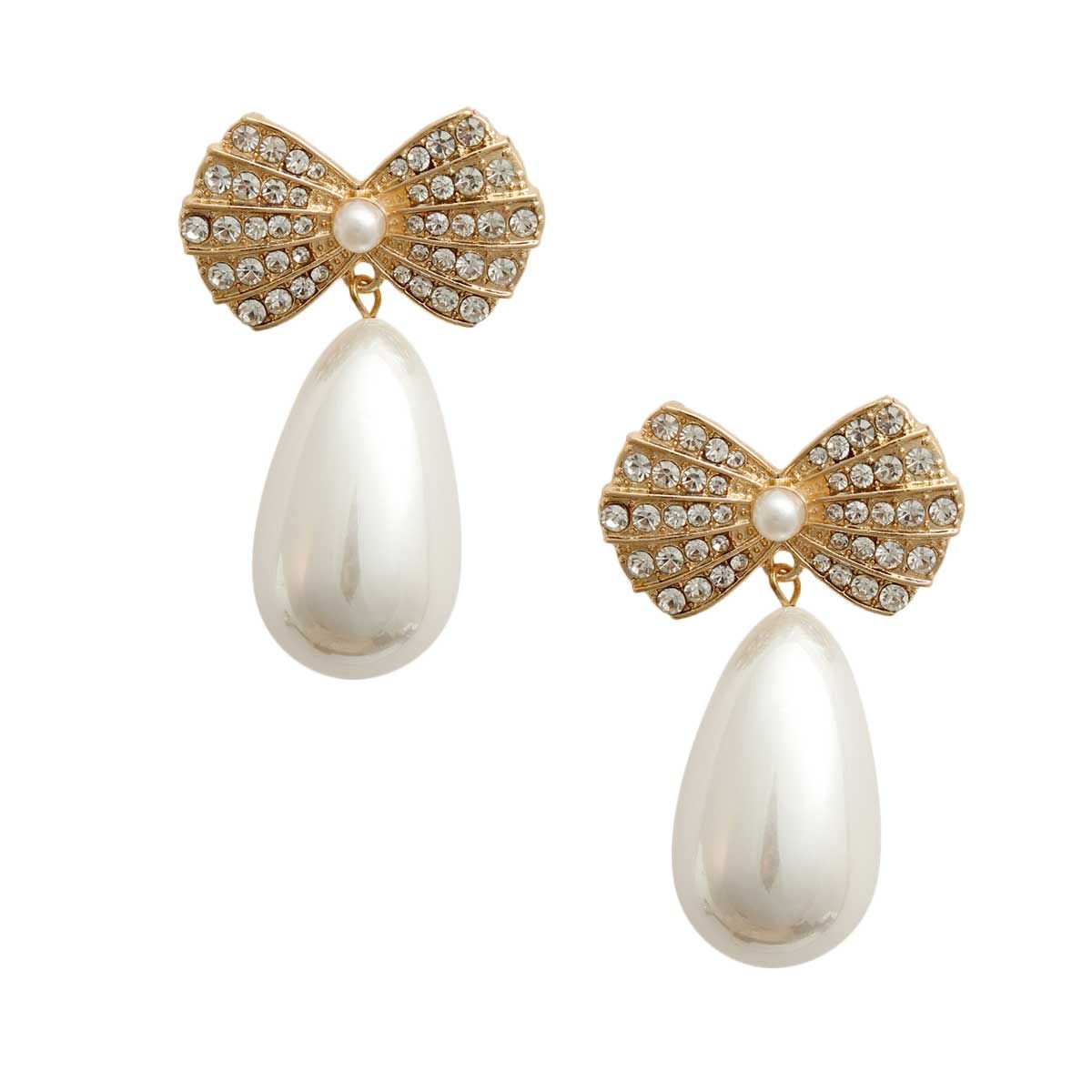 Gold Bow Pearl Teardrop Earrings|2.15 inches - Premium Wholesale Jewelry from Pinktown - Just $17! Shop now at chiquestyles