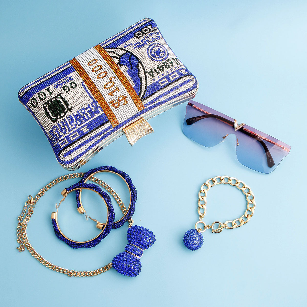Blue Bling Banded Cash Luxury Clutch|7.75 x 4.75 x 2 inches - Premium Wholesale Fashion Accessories from Pinktown - Just $55! Shop now at chiquestyles