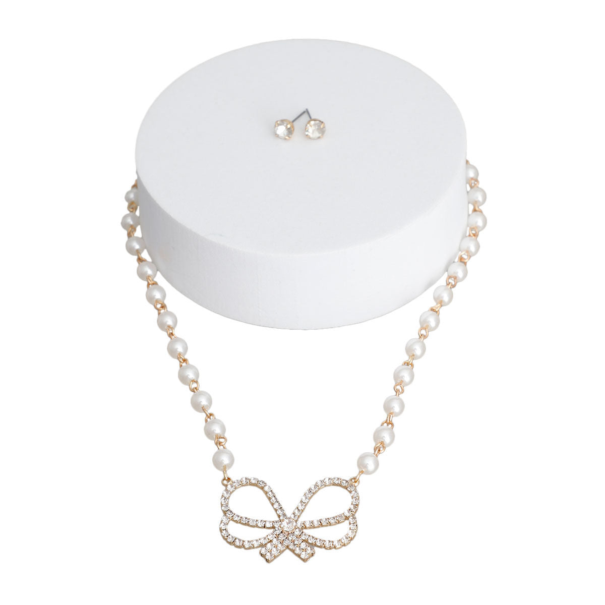 Cream Pearl Rhinestone Bow Necklace|16 inches - Premium Wholesale Jewelry from Pinktown - Just $14! Shop now at chiquestyles