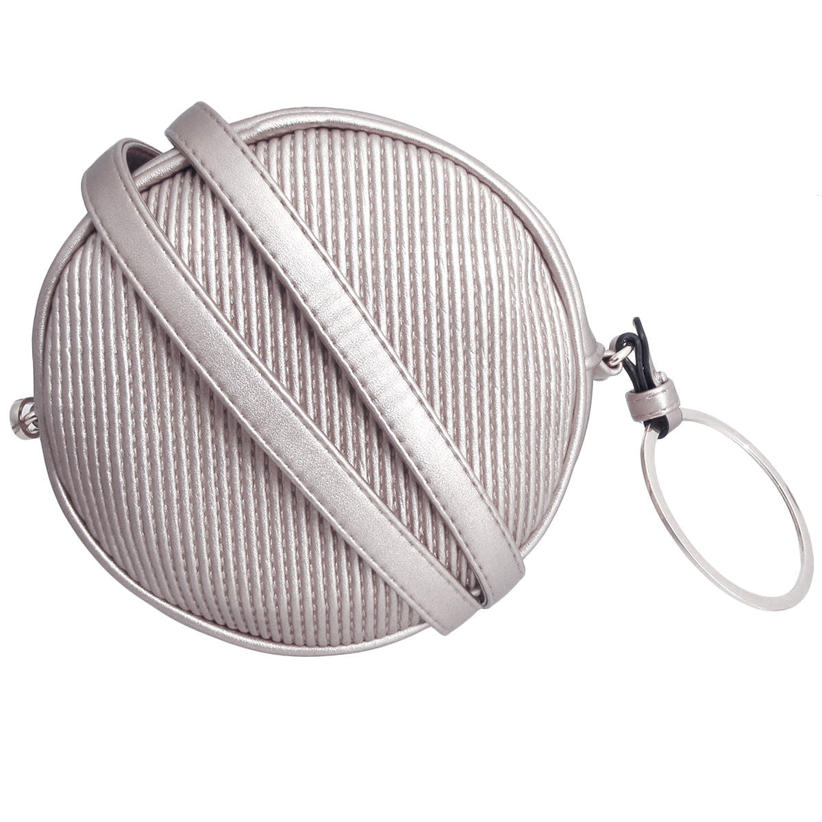 Silver Ribbed Circle Crossbody Wristlet|6.75 x 2 inches - Premium Wholesale Fashion Accessories from Pinktown - Just $26! Shop now at chiquestyles
