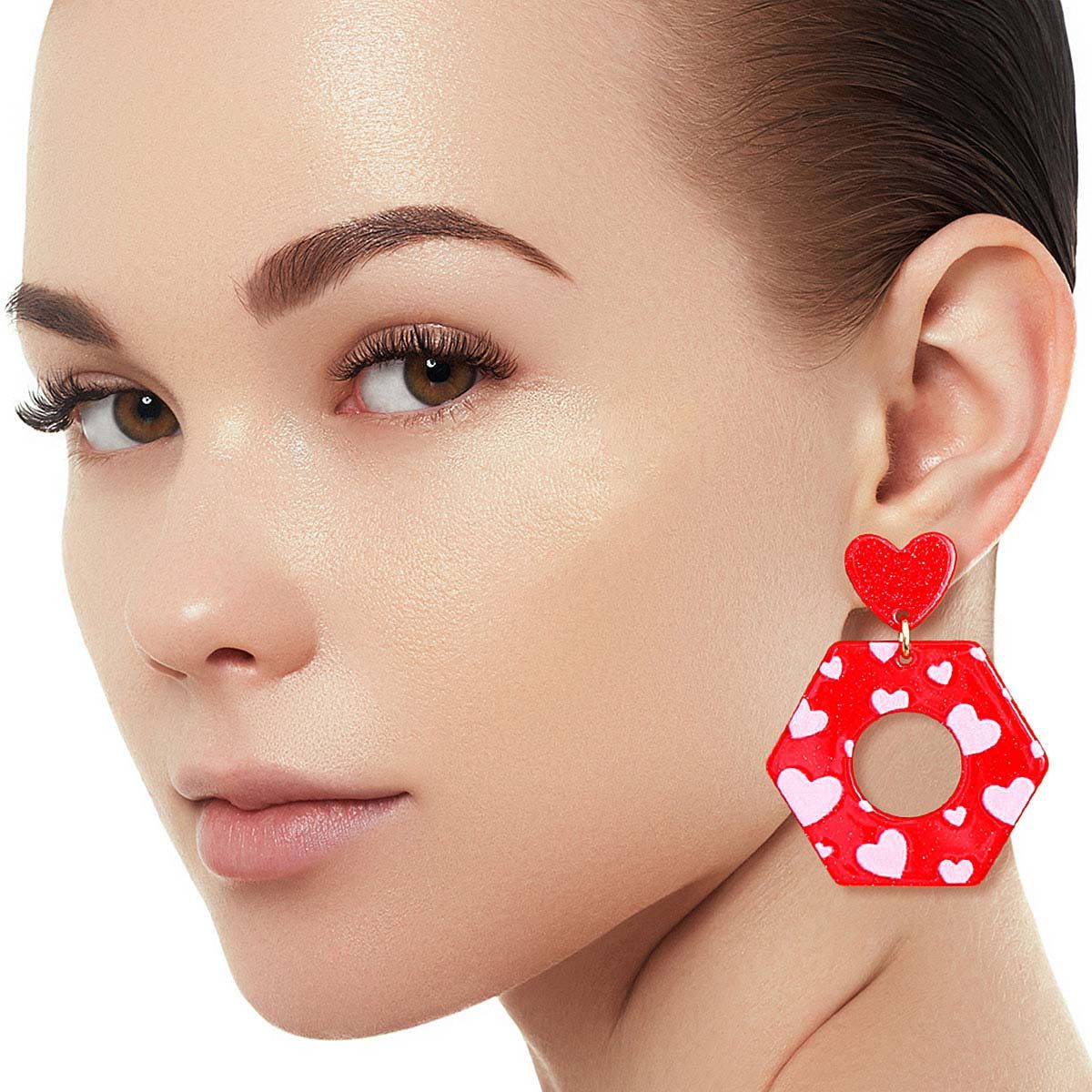 Red Hexagon Heart Earrings|2 inches - Premium Wholesale Jewelry from Pinktown - Just $12! Shop now at chiquestyles