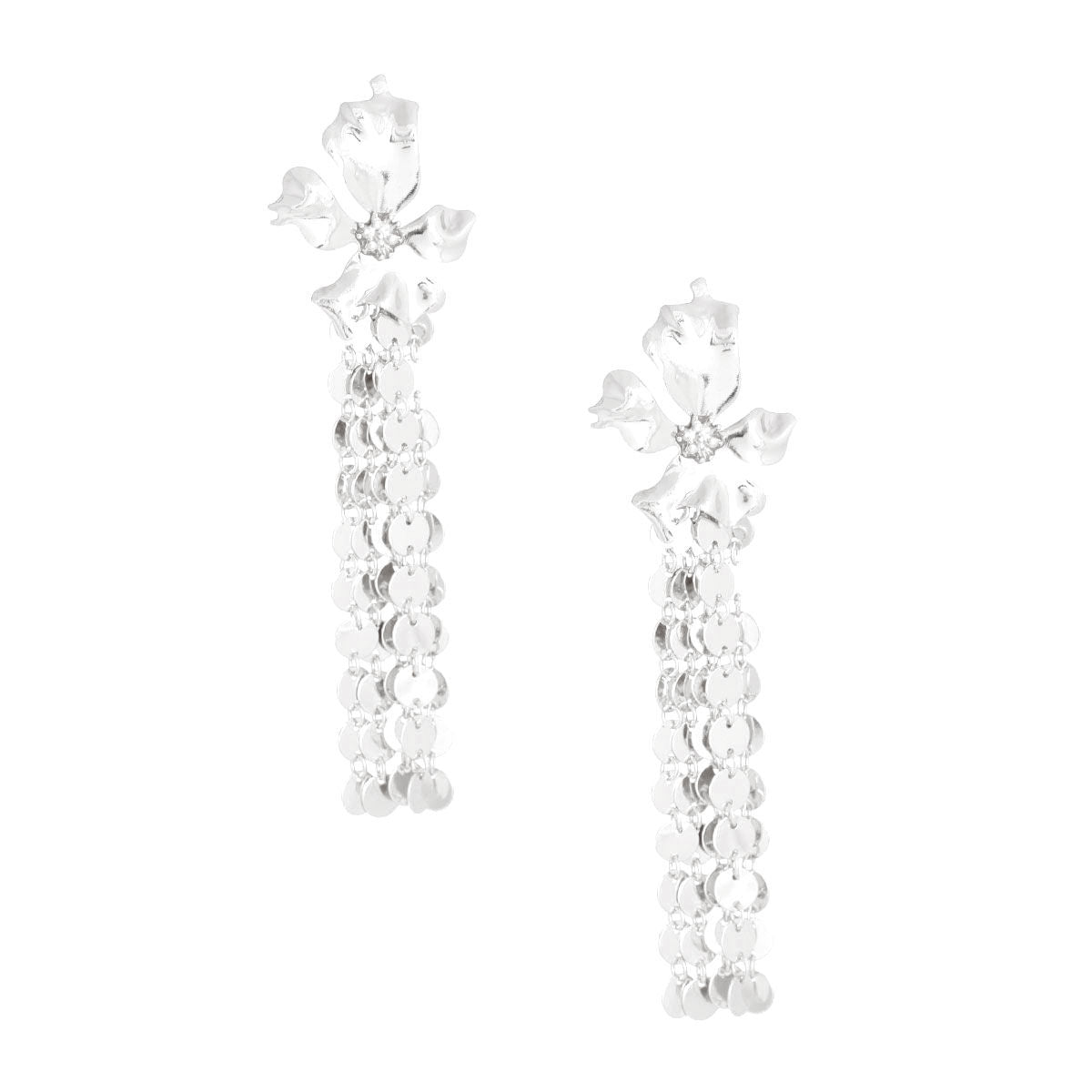 Silver Metal Fringe Flower Earrings|5.25 inches - Premium Wholesale Jewelry from Pinktown - Just $16! Shop now at chiquestyles