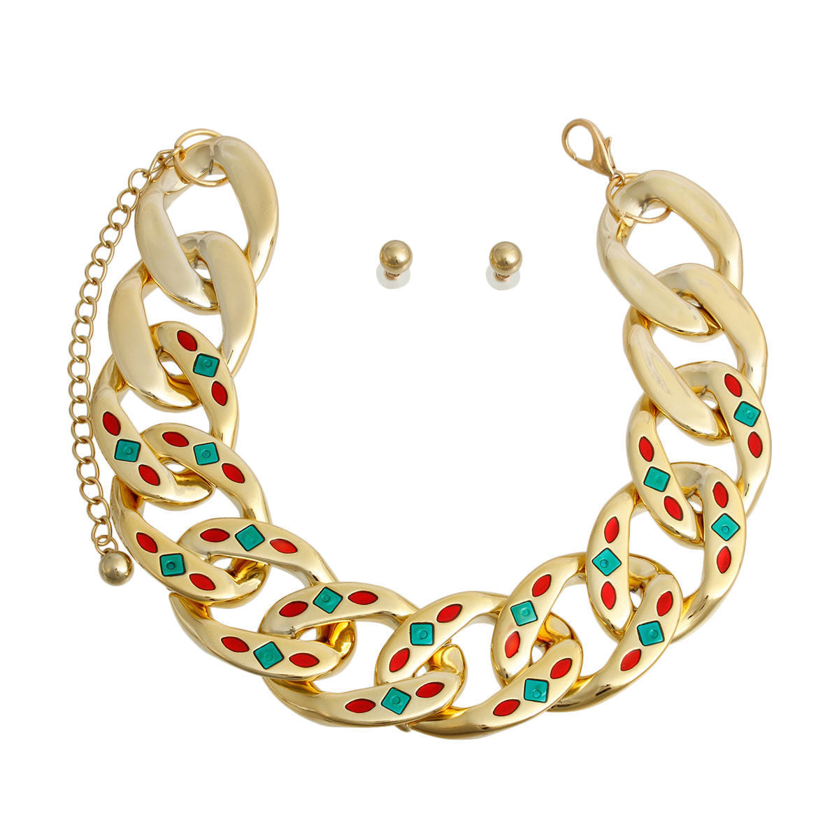 Gold Red Green Detail Chain Set|18 inches - Premium Wholesale Jewelry from Pinktown - Just $16! Shop now at chiquestyles
