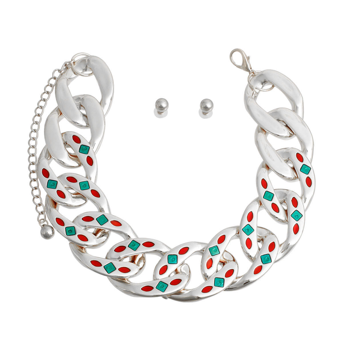 Silver Red Green Detail Chain Set|18 inches - Premium Wholesale Jewelry from Pinktown - Just $16! Shop now at chiquestyles