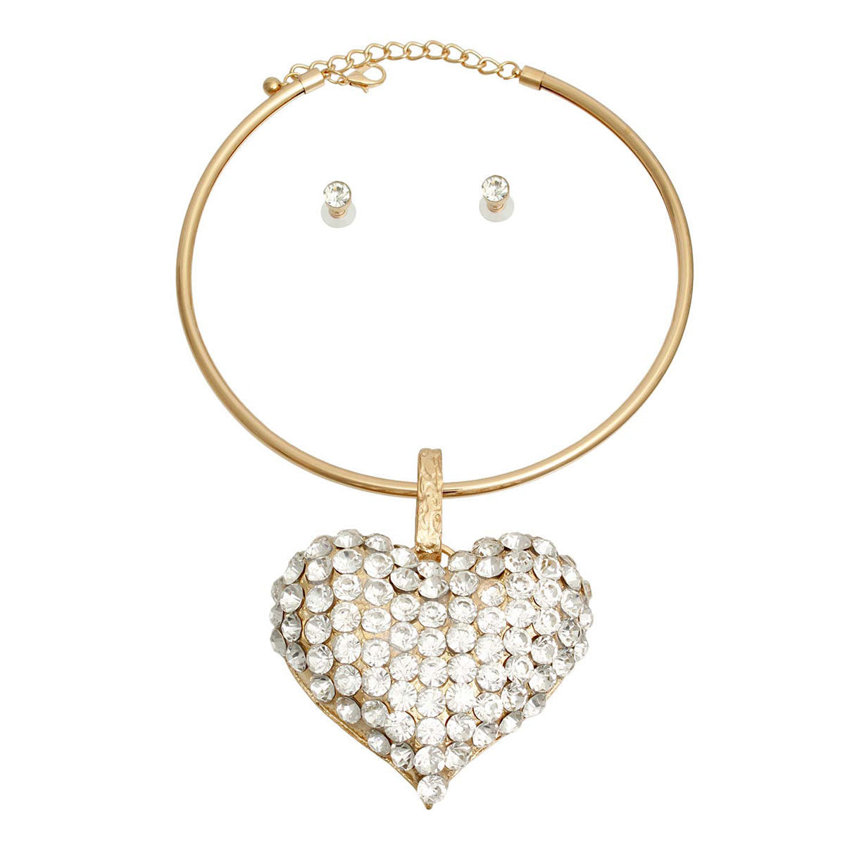 Gold Rigid Collar XL Rhinestone Heart Set|18 inches - Premium Wholesale Jewelry from Pinktown - Just $23! Shop now at chiquestyles