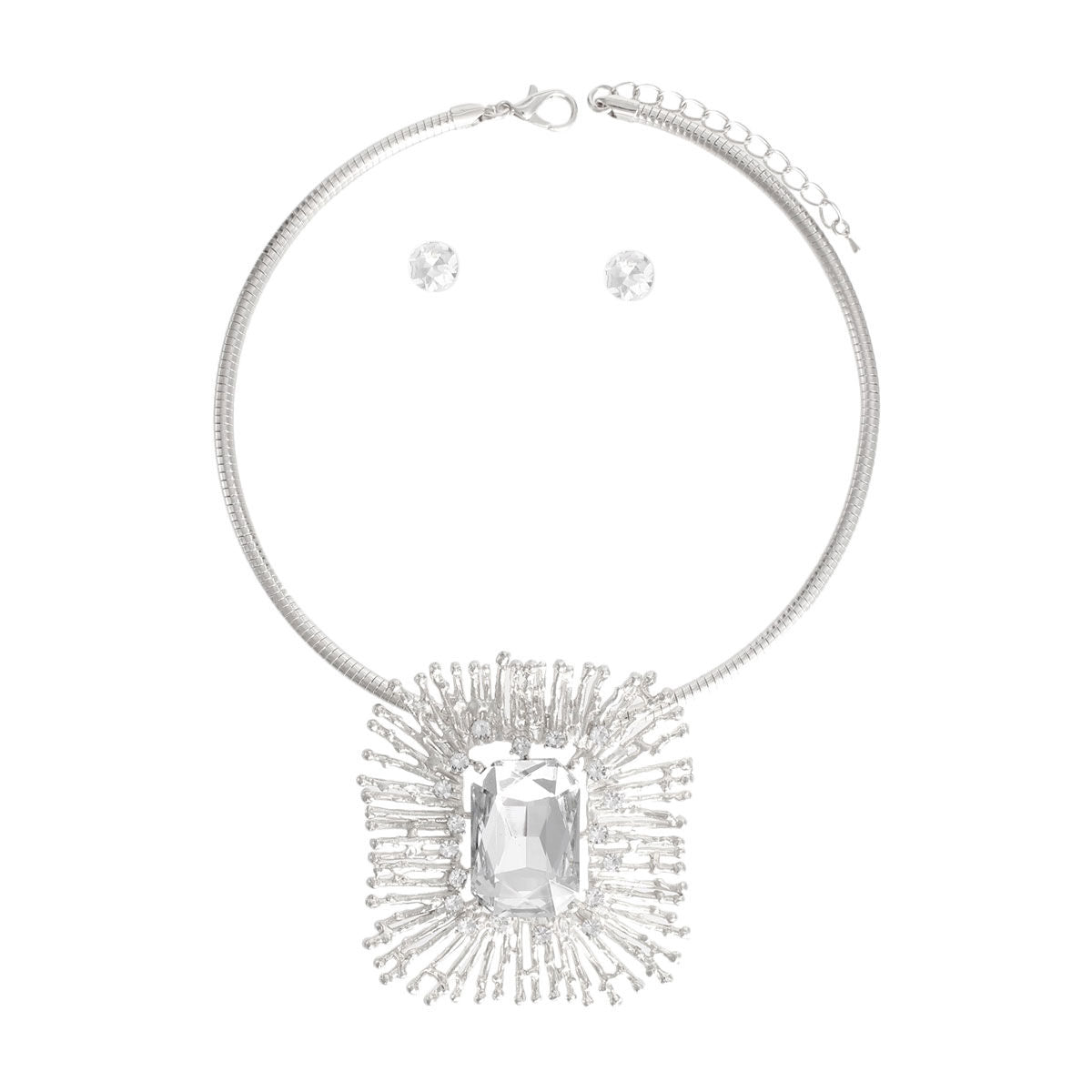 Silver Rectangle Crystal Pendant Set|18 inches - Premium Wholesale Jewelry from Pinktown - Just $23! Shop now at chiquestyles