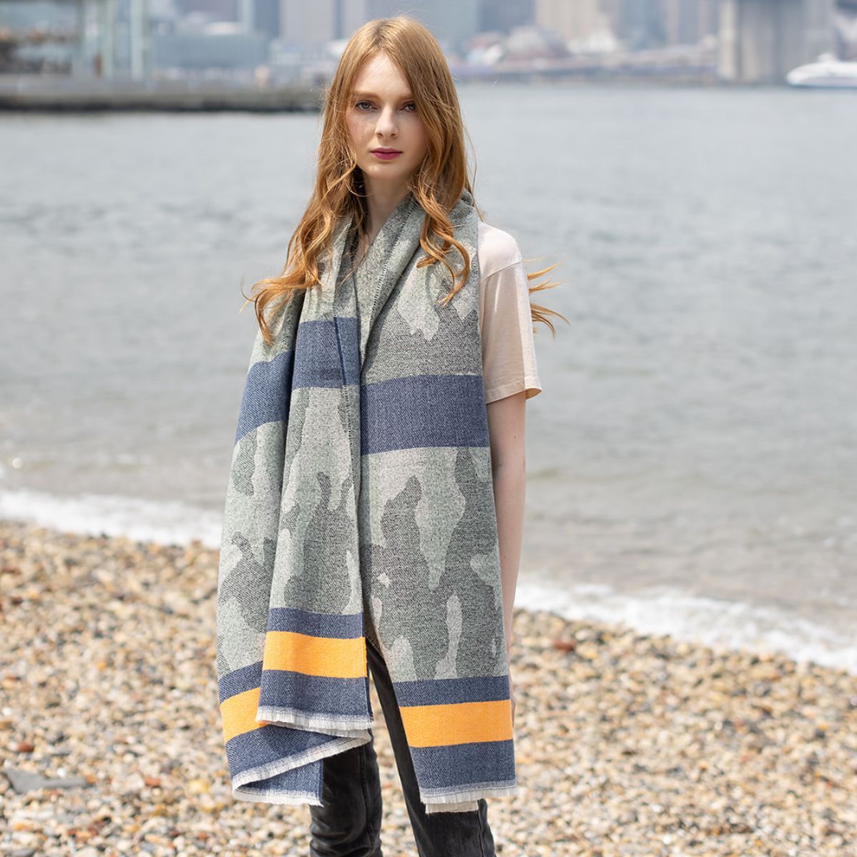 Camo Stripe Frayed Edge Scarf|75 x 27.6 inches - Premium Wholesale Fashion Accessories from Pinktown - Just $28! Shop now at chiquestyles