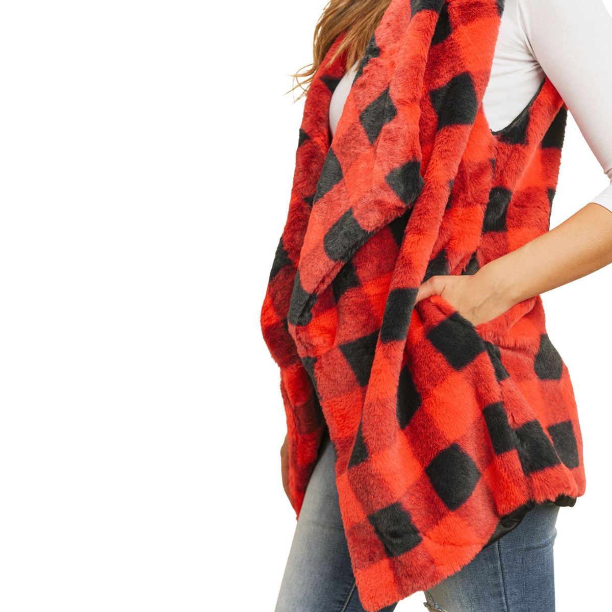 Red Buffalo Plaid Faux Fur Vest|30.5 x 19.5 inches - Premium Wholesale Boutique Clothing from Pinktown - Just $51! Shop now at chiquestyles