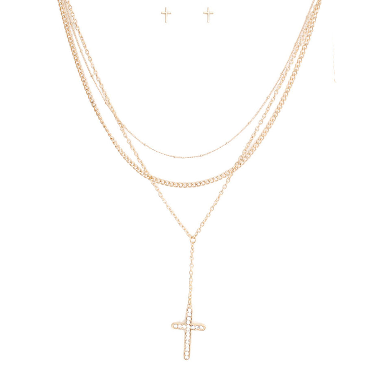 Gold Triple Chain Cross Set|16 inches - Premium Wholesale Jewelry from Pinktown - Just $14! Shop now at chiquestyles
