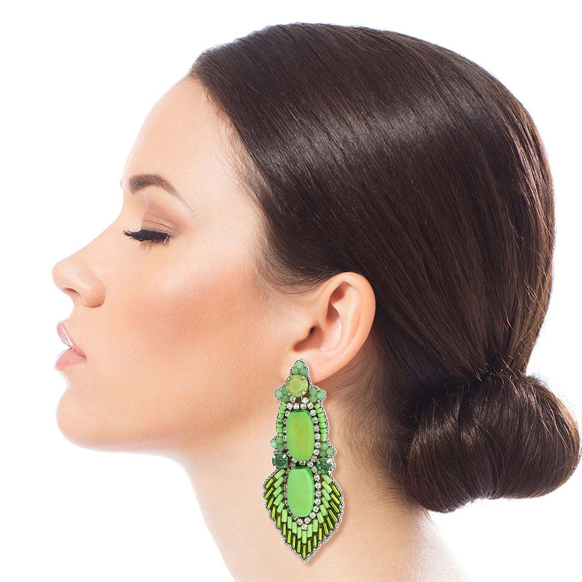 Green Bead and Stone Embroidered Earrings - Premium Wholesale Jewelry from Pinktown - Just $16! Shop now at chiquestyles