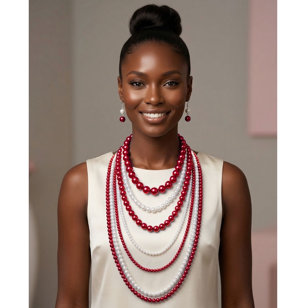 DST Sorority Red White Pearl Long 7 Row Necklace