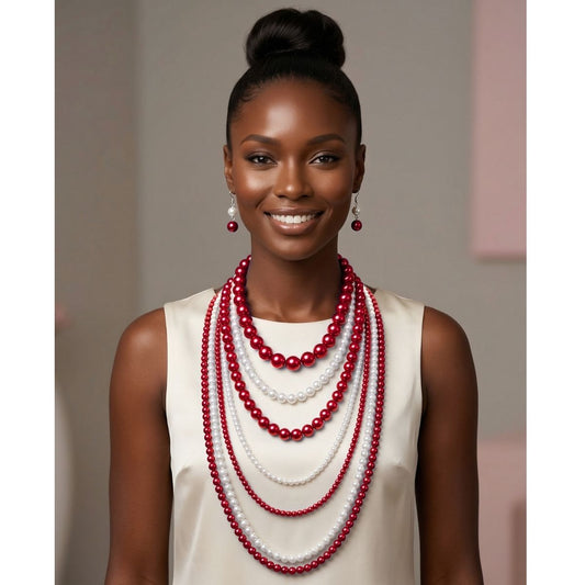 DST Sorority Red White Pearl Long 7 Row Necklace