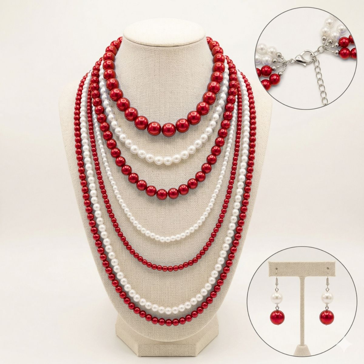 DST Sorority Red White Pearl Long 7 Row Necklace