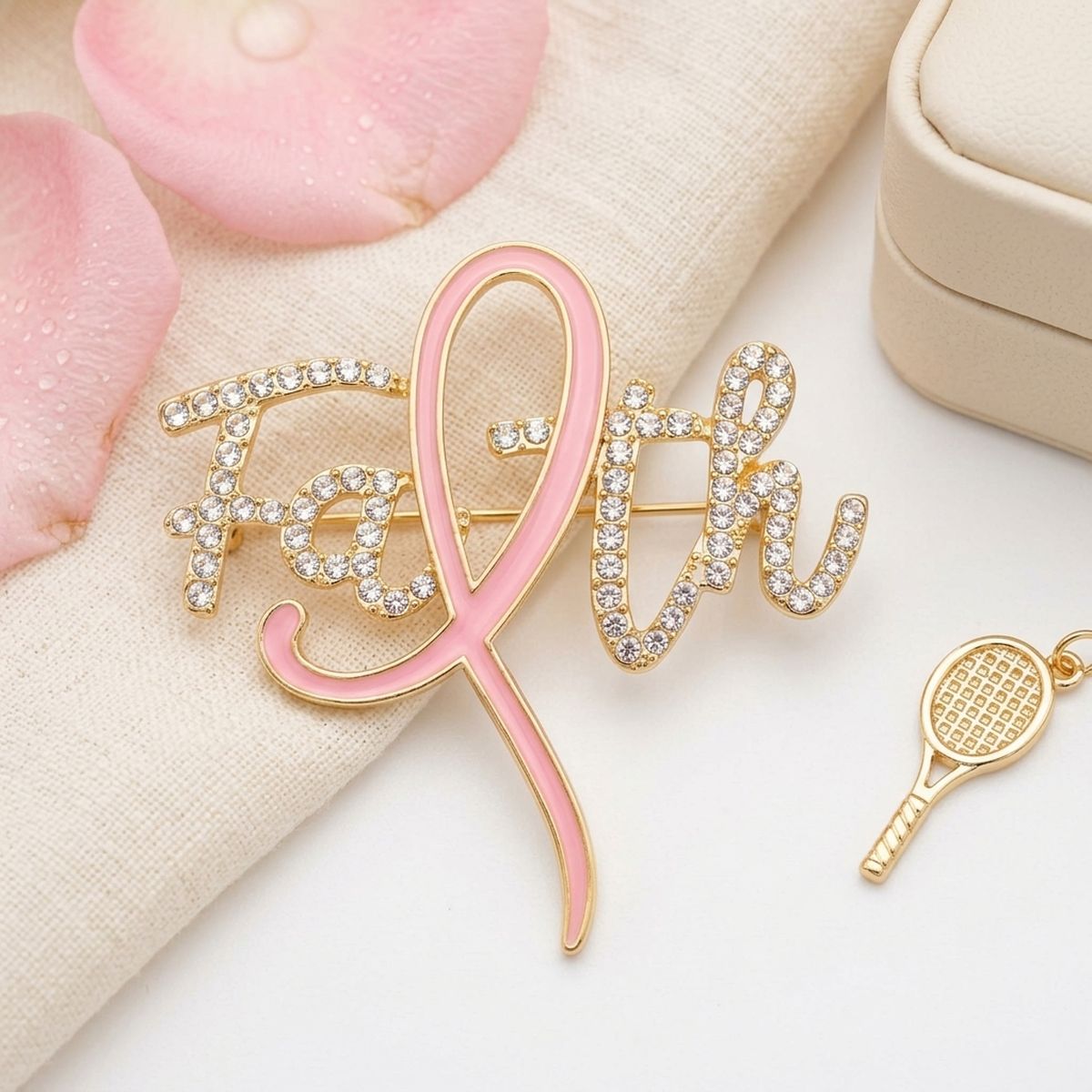 Faith Breast Cancer Gold Light Pink Ribbon Brooch