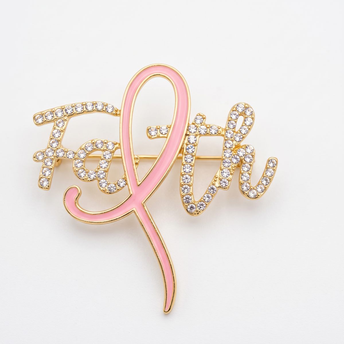 Faith Breast Cancer Gold Light Pink Ribbon Brooch