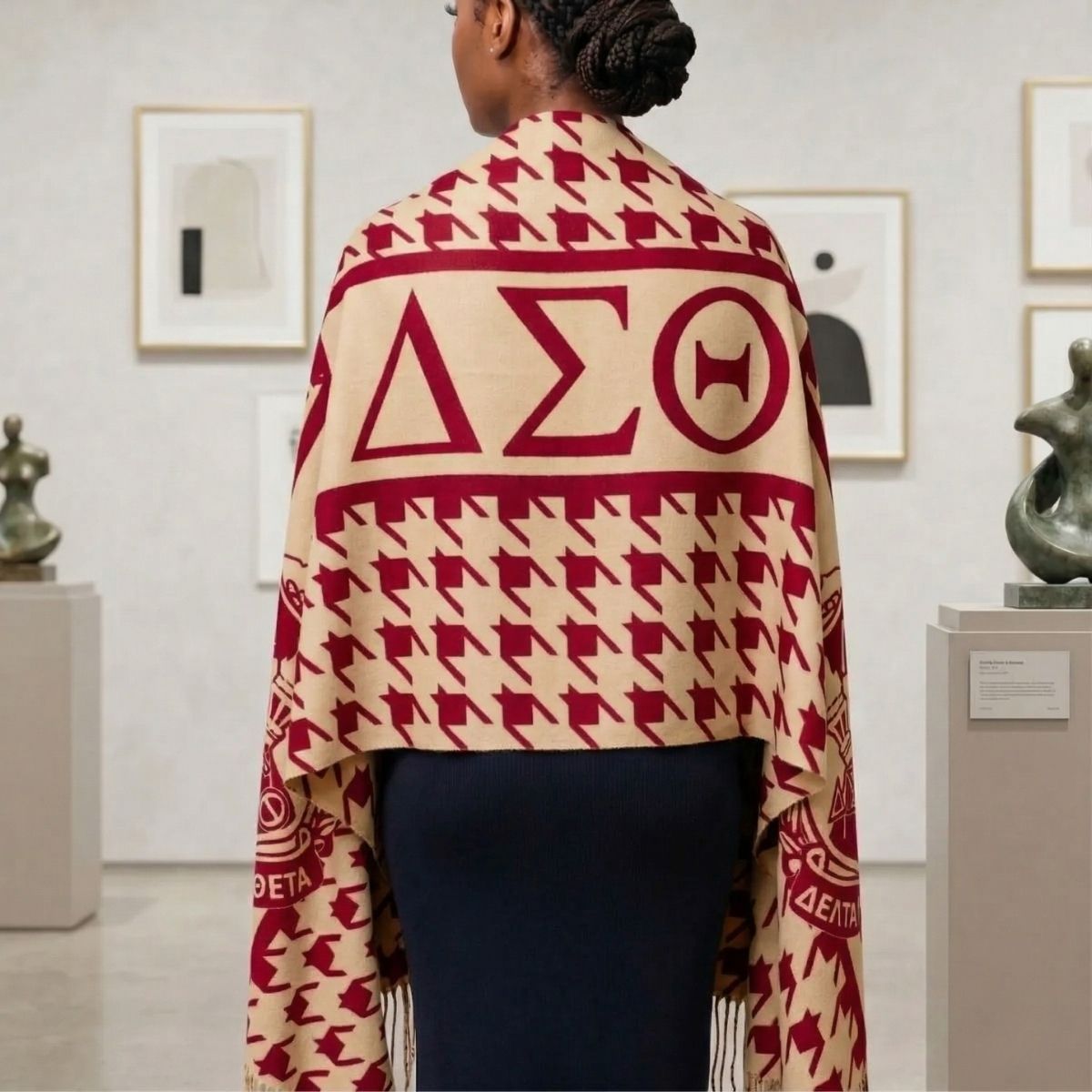 DST Delta Red Cream Houndstooth Shawl Scarf