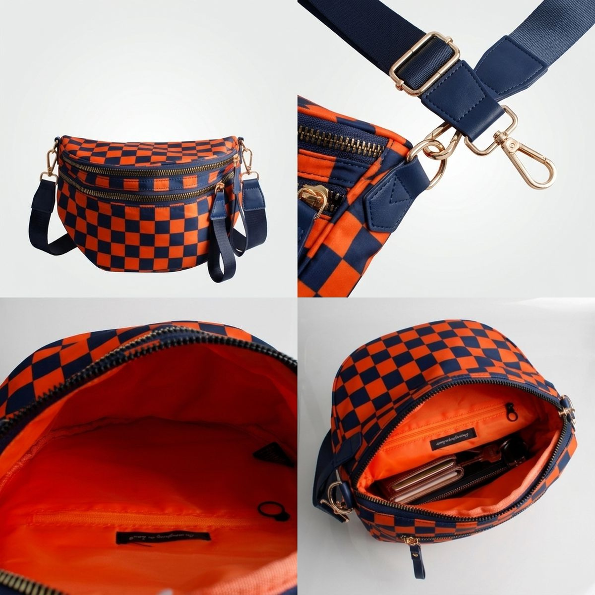 Navy & Orange Checkered Nylon Crossbody Sling Bag