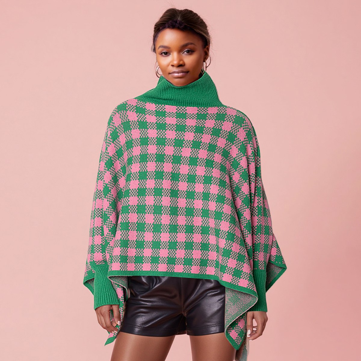 AKA Sorority Pink Green Checkerboard Knit Poncho
