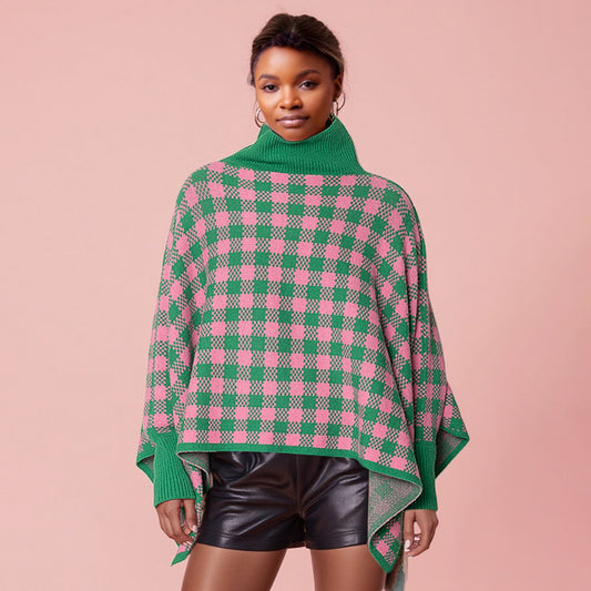 AKA Sorority Pink Green Checkerboard Knit Poncho