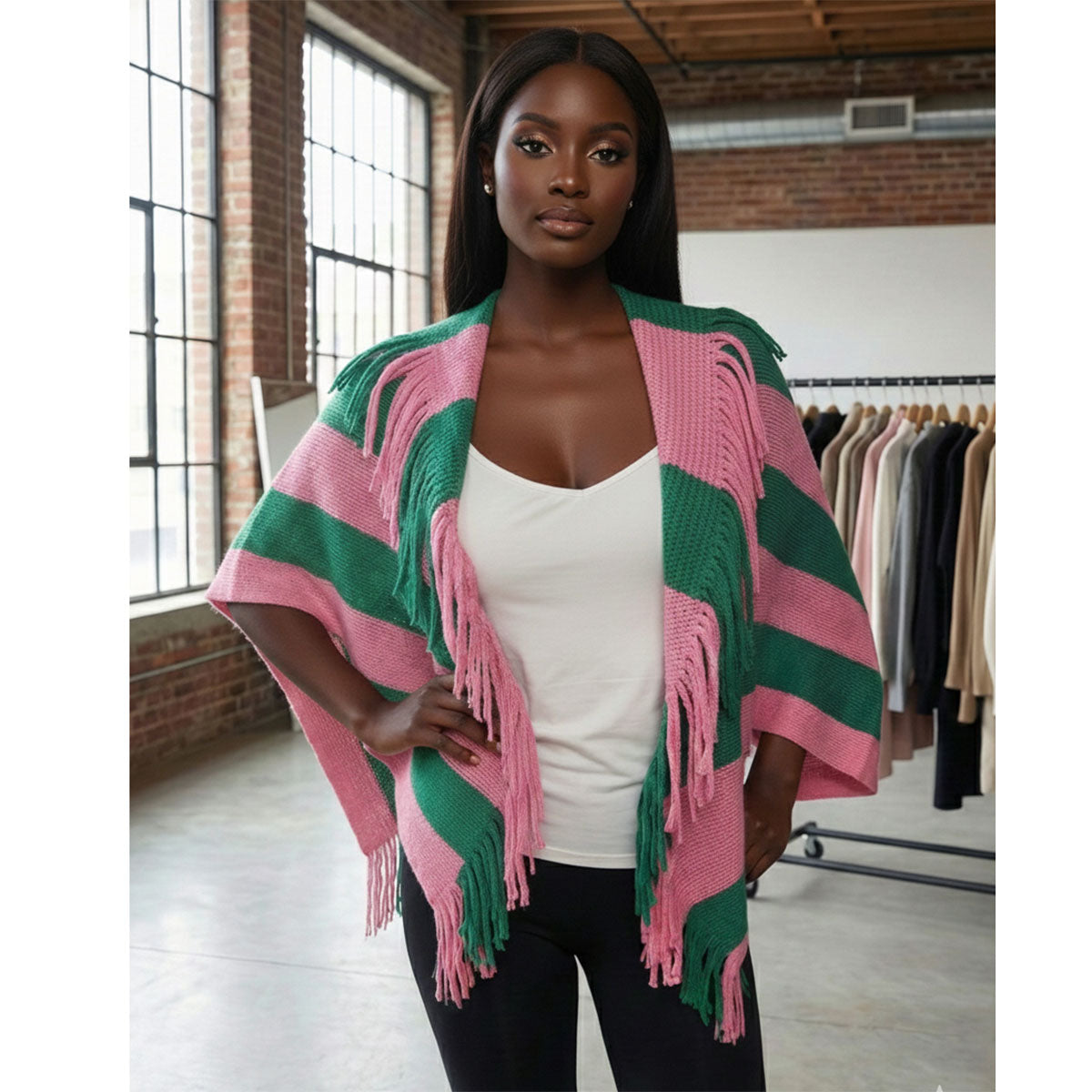 AKA Pink and Green Stripe Fringe Cocoon Cardigan