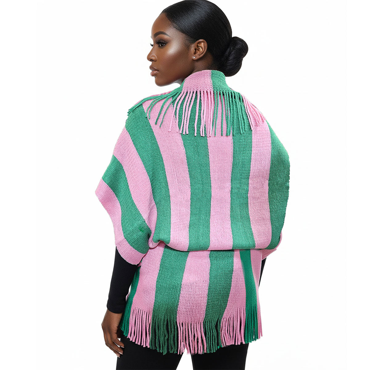 AKA Pink and Green Stripe Fringe Cocoon Cardigan
