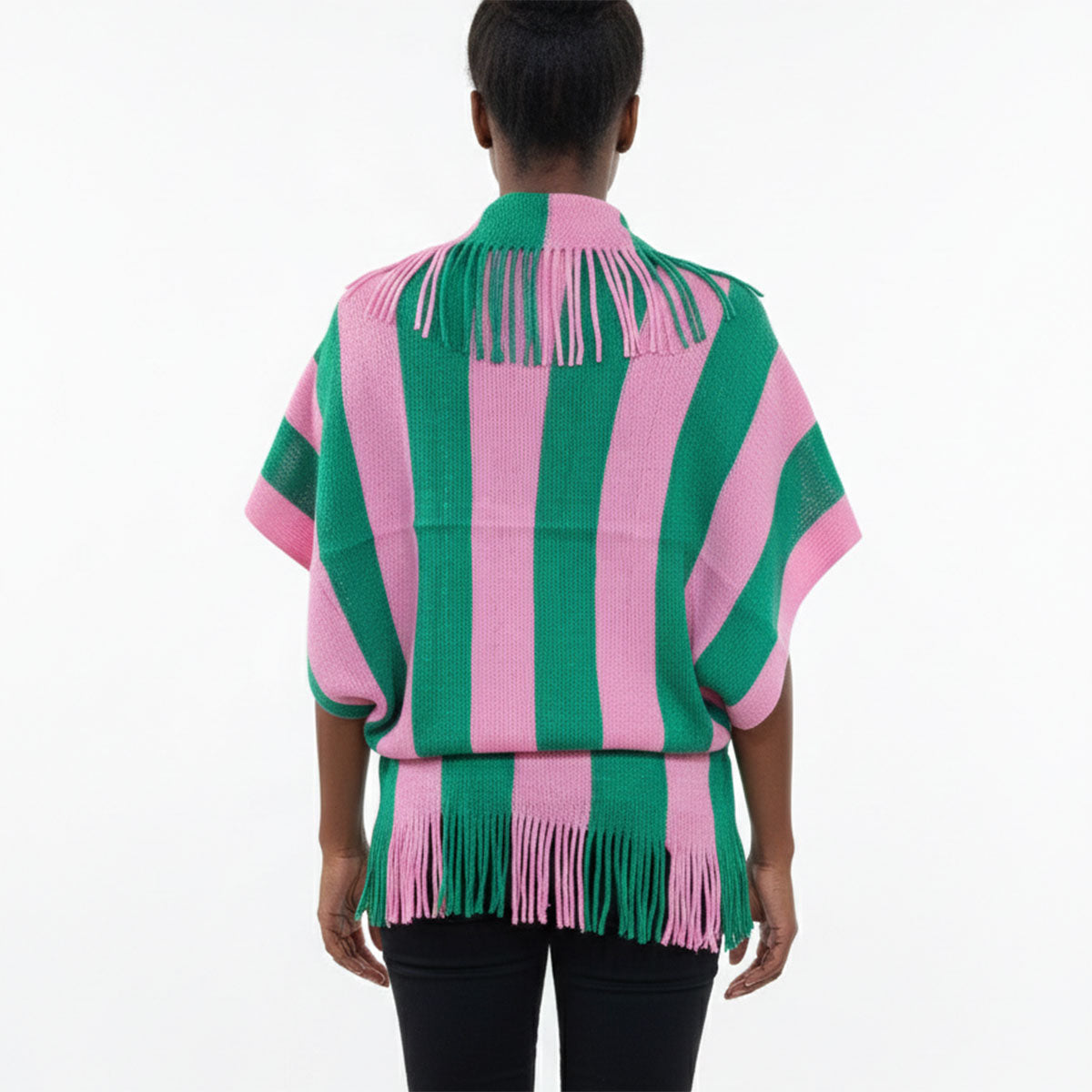 AKA Pink and Green Stripe Fringe Cocoon Cardigan