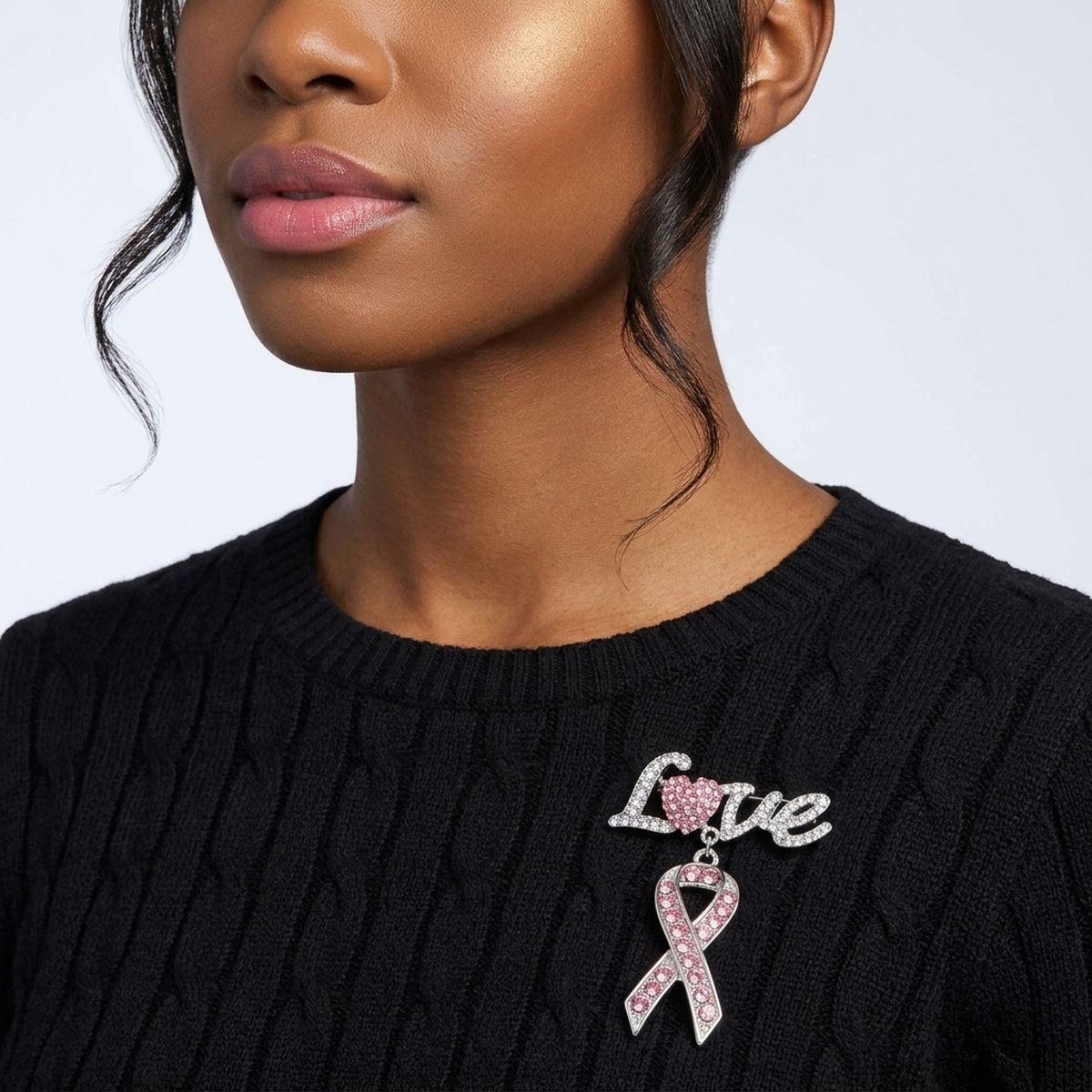 Silver Breast Cancer Love Pink Ribbon Dangle Brooch