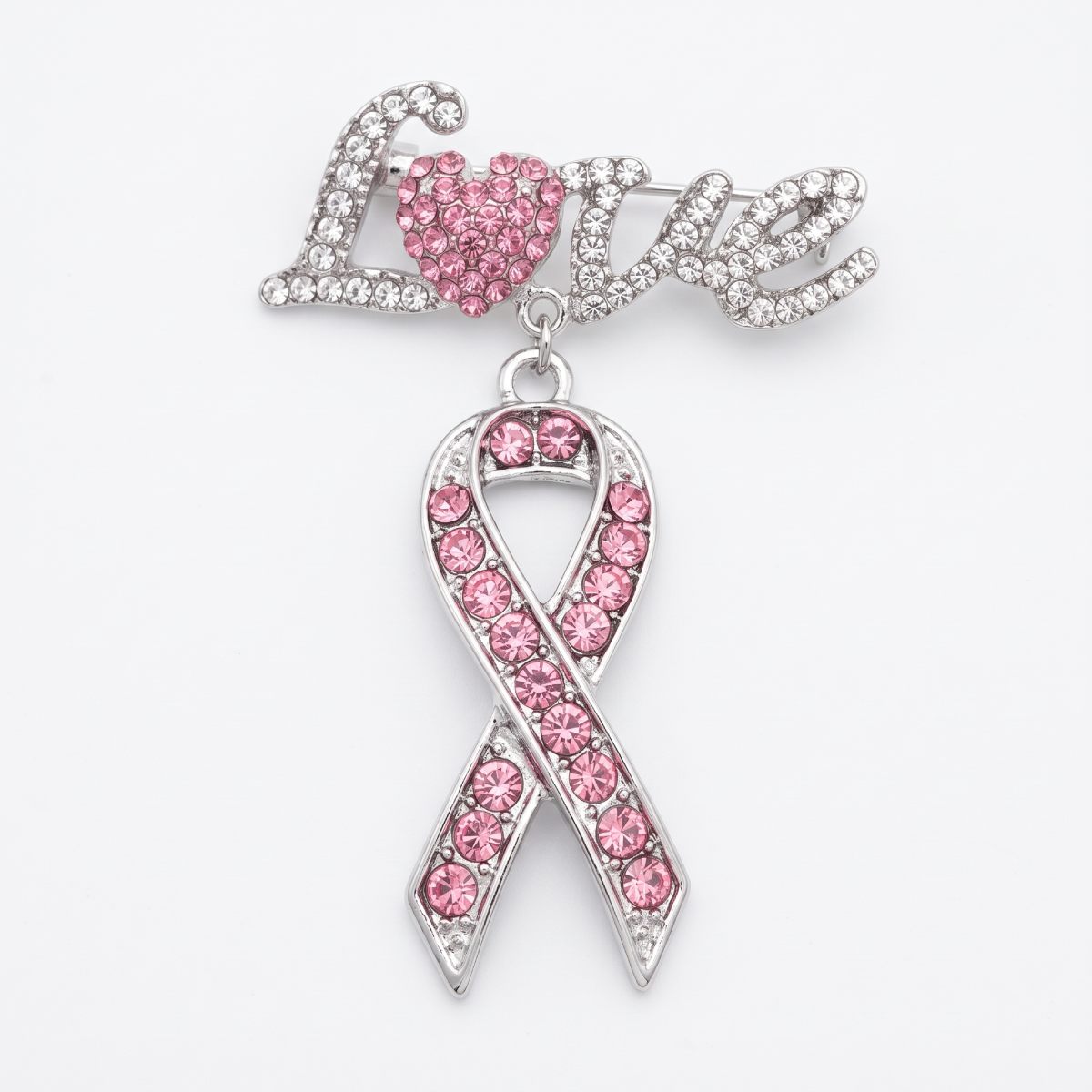 Silver Breast Cancer Love Pink Ribbon Dangle Brooch