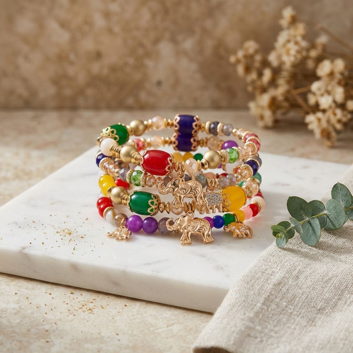 Multi Color Bead Elephant Bracelets