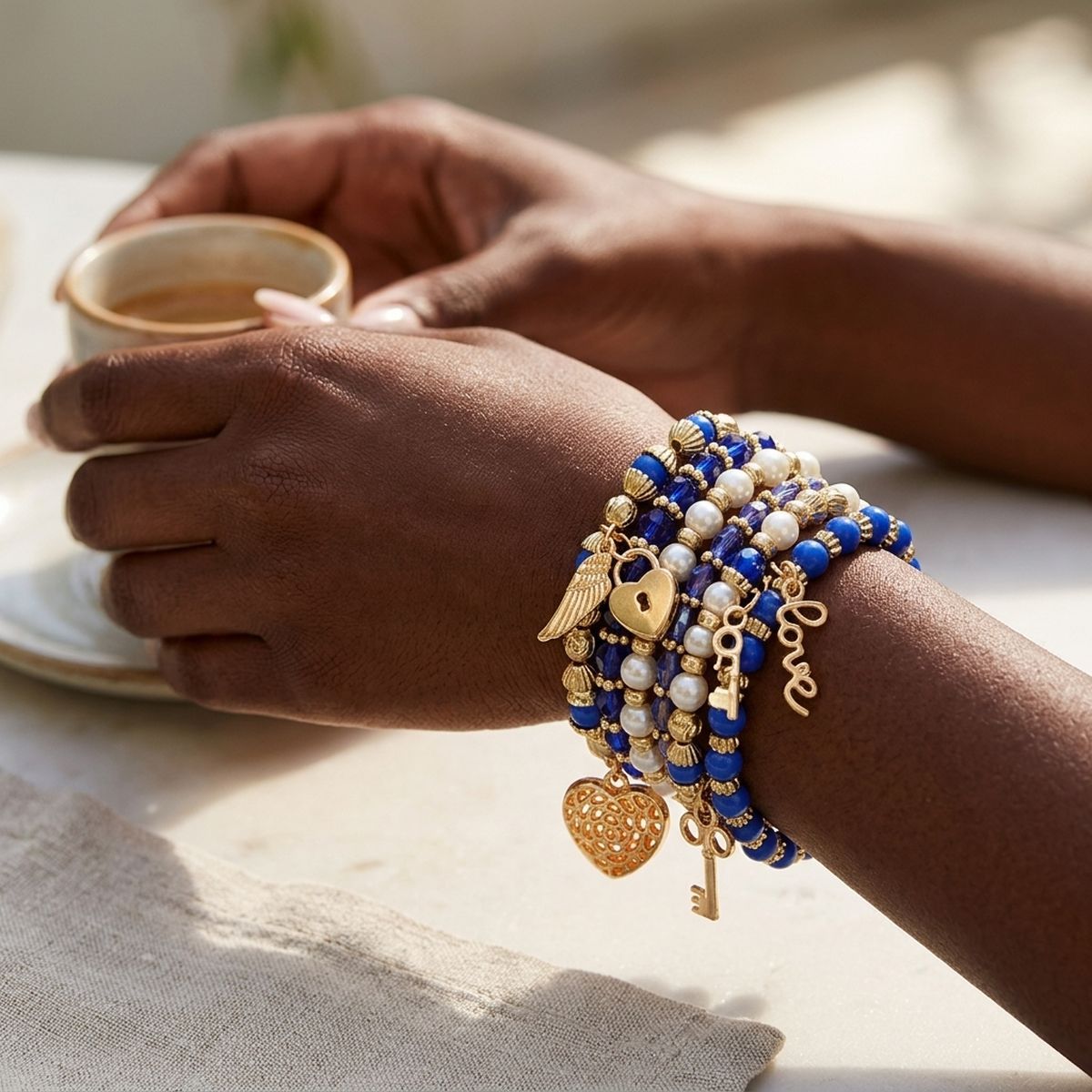 Pearl Bracelet Blue White Bead Set for Women