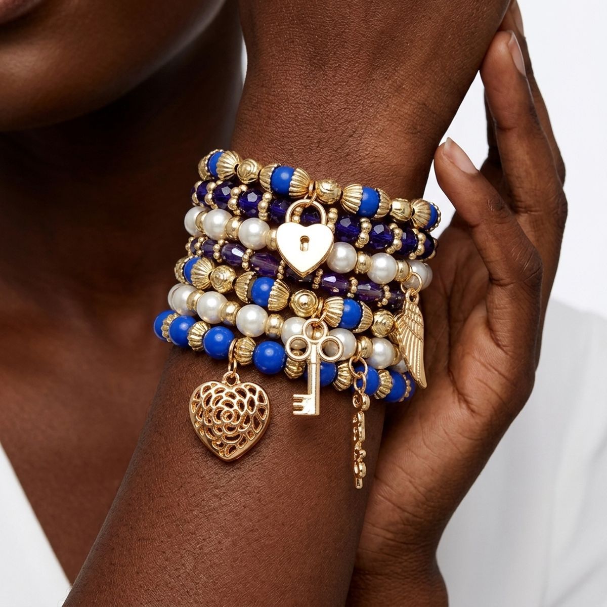 Pearl Bracelet Blue White Bead Set for Women