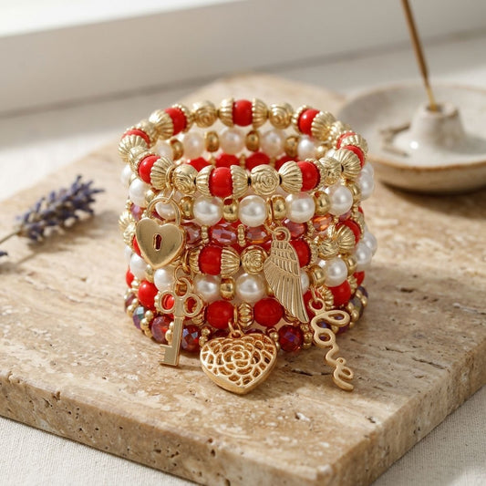 Pearl Bracelet Red White Bead Set for Women