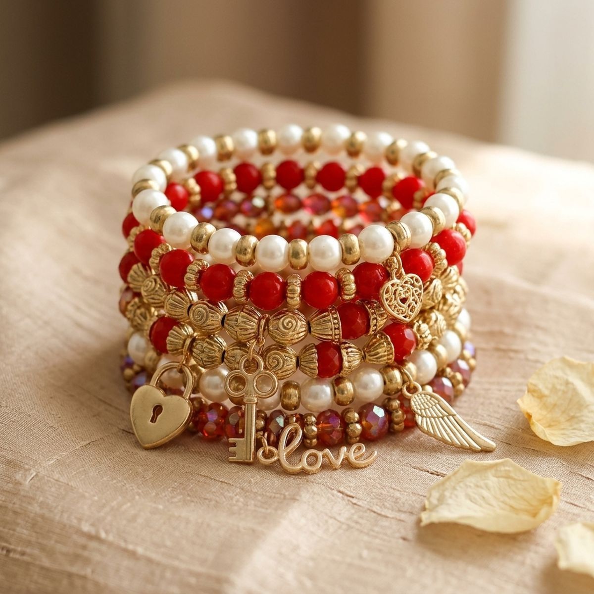 Pearl Bracelet Red White Bead Set for Women