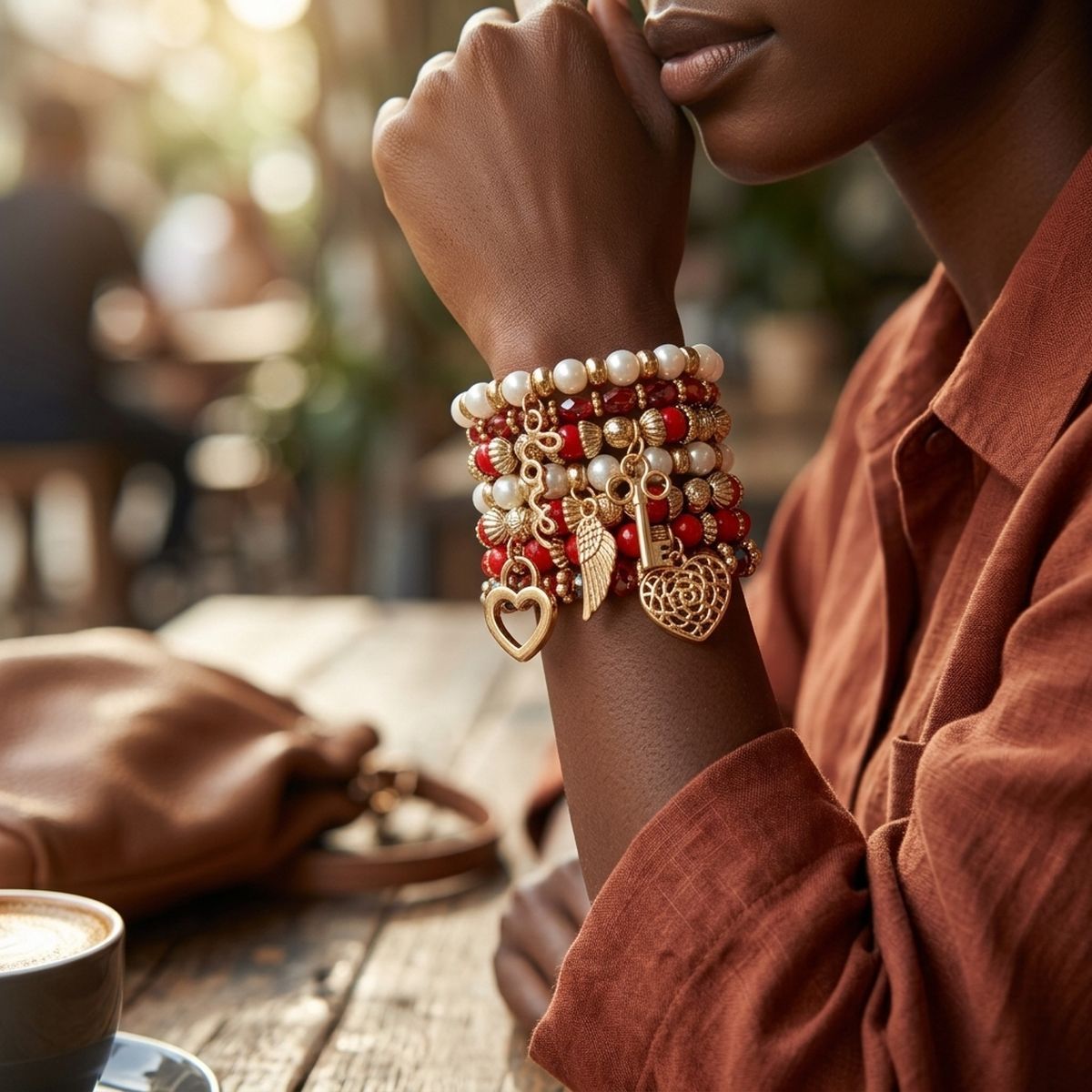 Pearl Bracelet Red White Bead Set for Women