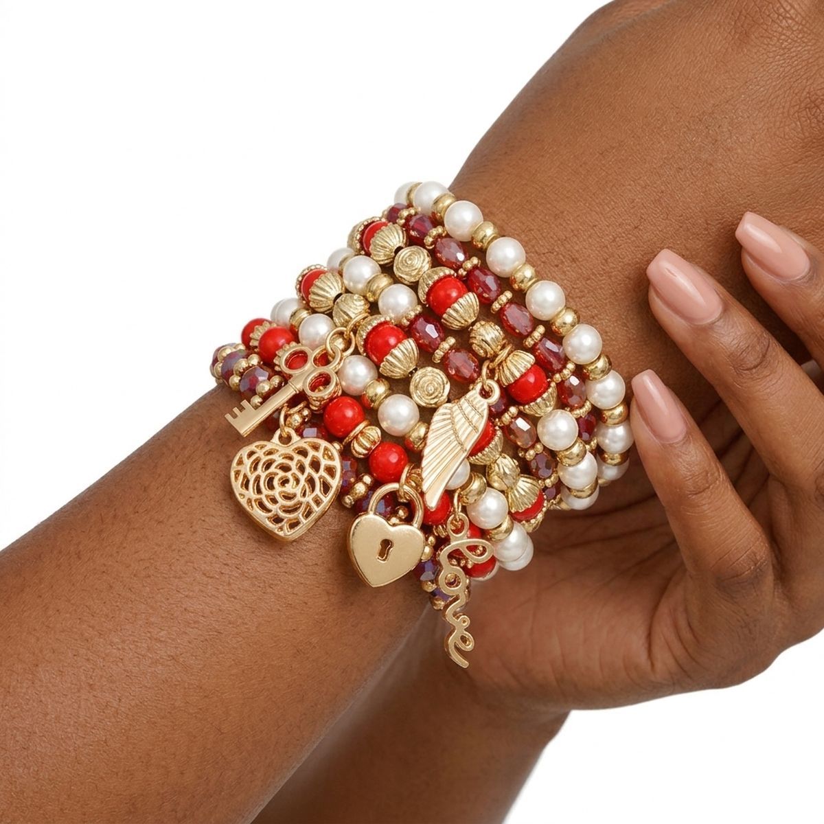 Pearl Bracelet Red White Bead Set for Women