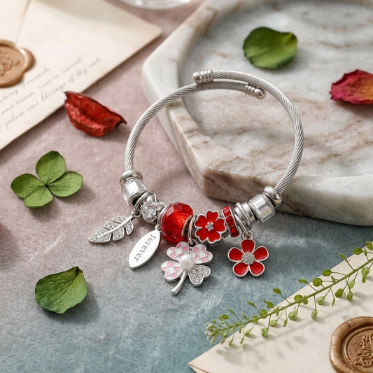 Silver Red Clover Cable Bangle