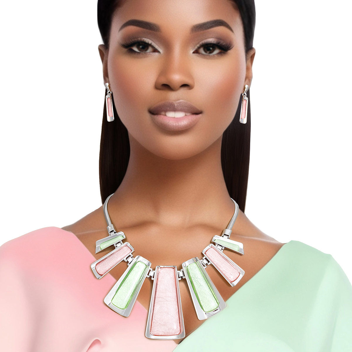 AKA Necklace Pink Green Silver Chain Set for Women - Premium Wholesale Jewelry from Pinktown - Just $23! Shop now at chiquestyles