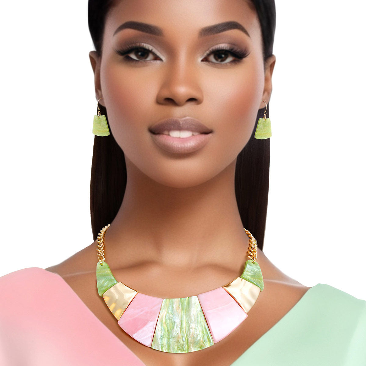 AKA Necklace Pink Green Marble Bib for Women - Premium Wholesale Jewelry from Pinktown - Just $23! Shop now at chiquestyles