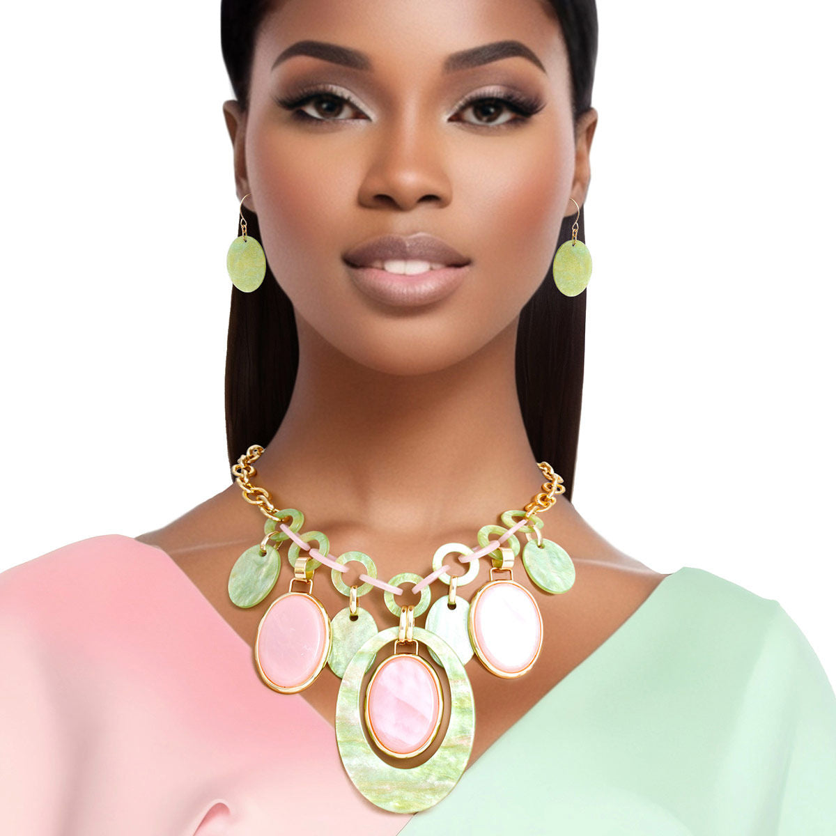 AKA Necklace Pink Green Oval Swirl Set for Women - Premium Wholesale Jewelry from Pinktown - Just $25! Shop now at chiquestyles